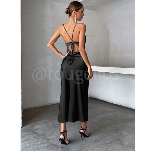 Black Satin Dress Midi Cowl Neck Back Ties - Picture 5 of 7